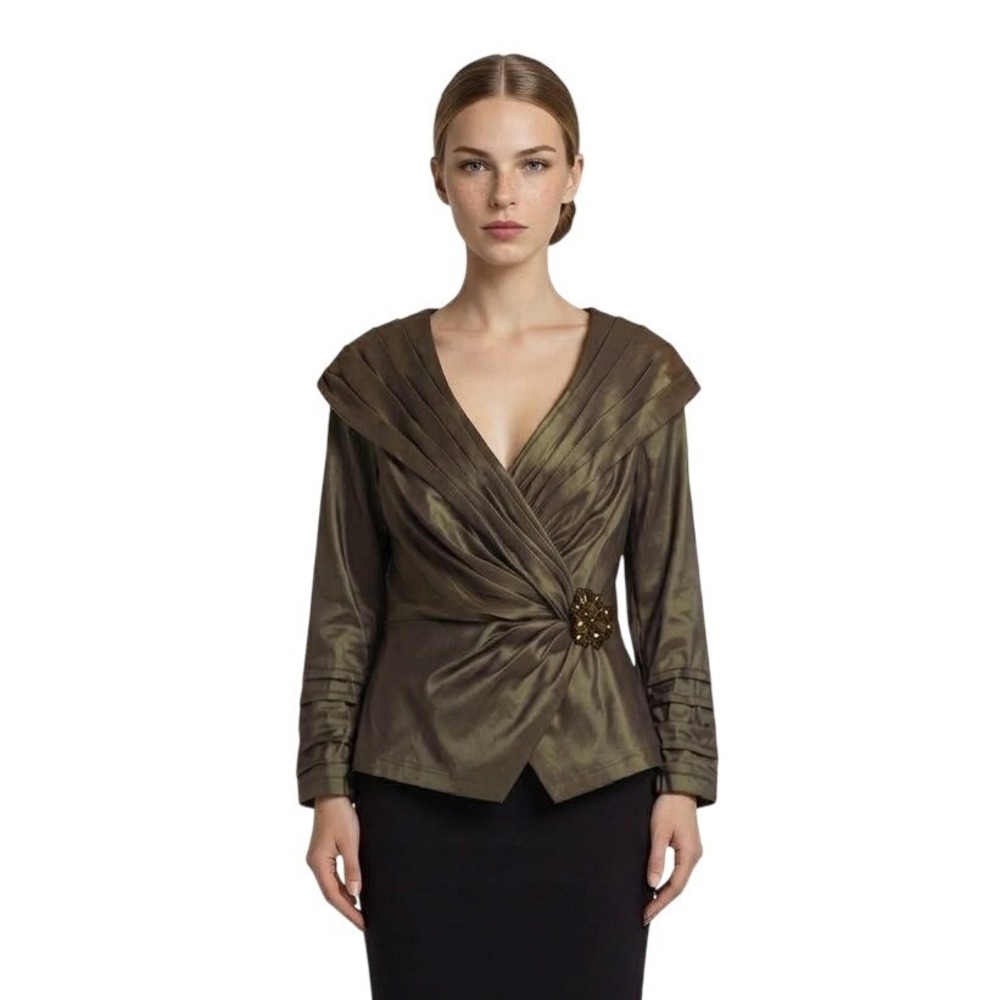 Tadashi Shoji Evening Top Jacket Women's Size 12 Olive Bronze Pleated Metallic